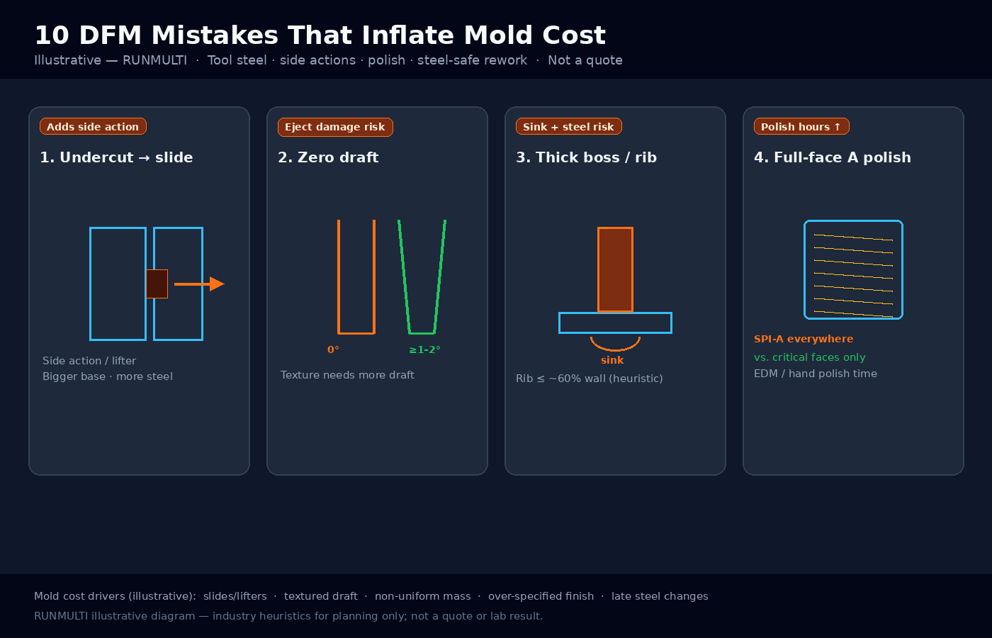 Illustrative DFM mold-cost drivers — RUNMULTI