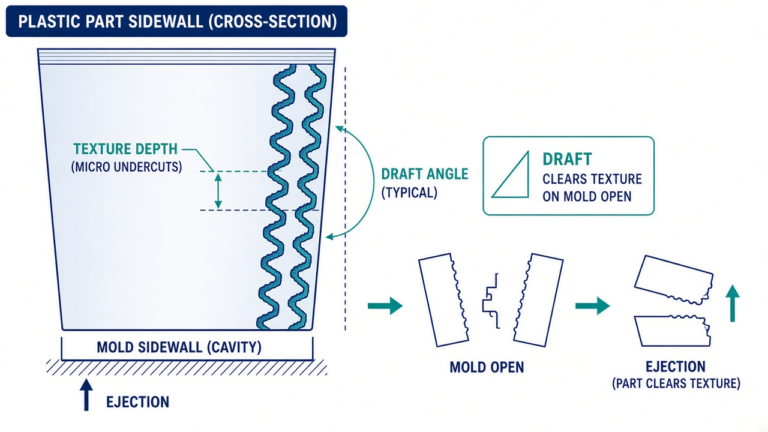 Illustrative cross-section: mold texture acting as micro-undercuts and the draft needed to release a textured/soft-touch wall (not to scale)