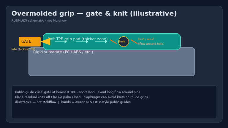 Illustrative gate and knit map on an overmolded grip — RUNMULTI